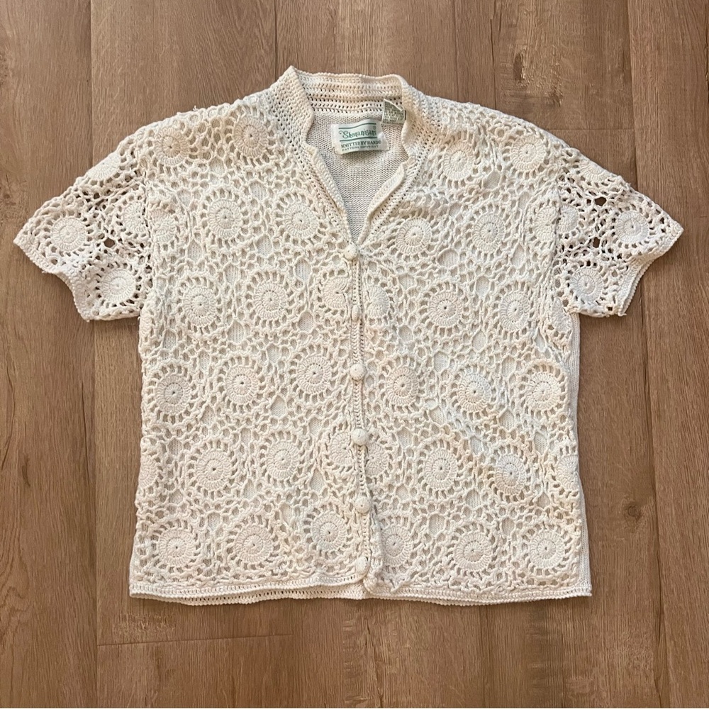 Vtg Shenanigans Hand Knitted Short Sleeve Cardigan Sweater Crocheted Off White M